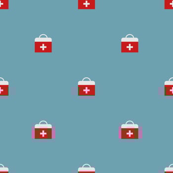 Seamless pattern with first aid kit on blue background. Health care. Medicine sign. Flat style. Vector illustration for design, web, wrapping paper, fabric, wallpaper.