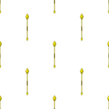 Seamless pattern with yellow magic staff icon on white background. Magic wand, scepter, stick, rod. Vector illustration.