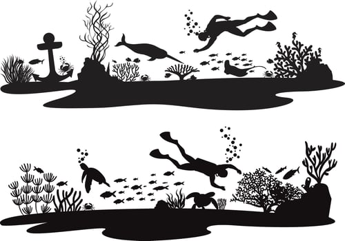 Silhouette underwater scene, Anchor seaweed, and sea animal. Underwater world. vector