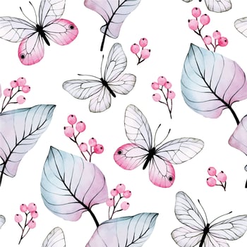 watercolor seamless pattern with transparent flowers and butterflies. pink and blue tropical leaves, butterflies, berries isolated on white background vector