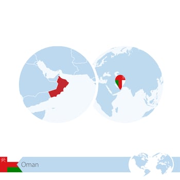 Oman on world globe with flag and regional map of Oman. vector