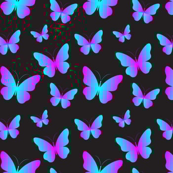 Glowing neon butterflies seamless pattern. Colorful holographic gradient design on black background vector