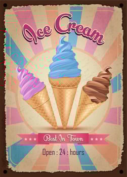 Ice cream vintage restaurant sign. Fast food vintage poster. Retro design with big hamburger on old metal background red and turquoise colors. Wall decoration printing media. Vector EPS10.