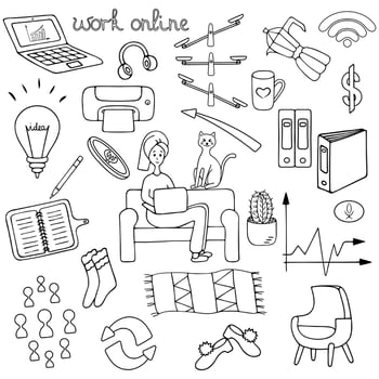 Work online. Home Office. Set of vector elements. Outline on an isolated white background. Doodle style. Sketch. Coloring book.  Business collection.
