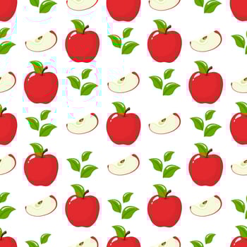 Seamless pattern with red whole slice apples and leaves on white background. Organic fruit. Cartoon style. Vector illustration for design, web, wrapping paper, fabric, wallpaper.