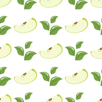 Seamless pattern with green slice apples and leaves on white background. Organic fruit. Cartoon style. Vector illustration for design, web, wrapping paper, fabric, wallpaper.