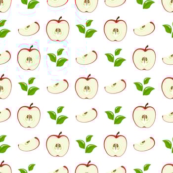 Seamless pattern with red half slice apples and leaves on white background. Organic fruit. Cartoon style. Vector illustration for design, web, wrapping paper, fabric, wallpaper.