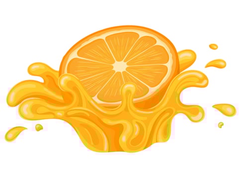 Fresh bright orange, mandarin or tagerine juice splash burst isolated on white background. Summer fruit juice. Cartoon style. Vector illustration for any design.