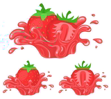 Set of fresh bright strawberry juice splash burst isolated on white background. Summer fruit juice. Cartoon style. Vector illustration for any design.