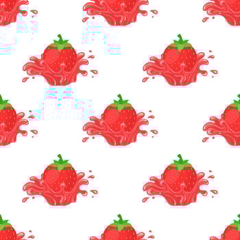Seamless pattern with fresh bright strawberry juice splash burst isolated on white background. Summer fruit juice. Cartoon style. Vector illustration for any design.