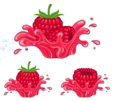 Set of fresh bright raspberry juice splash burst isolated on white background. Summer fruit juice. Cartoon style. Vector illustration for any design.