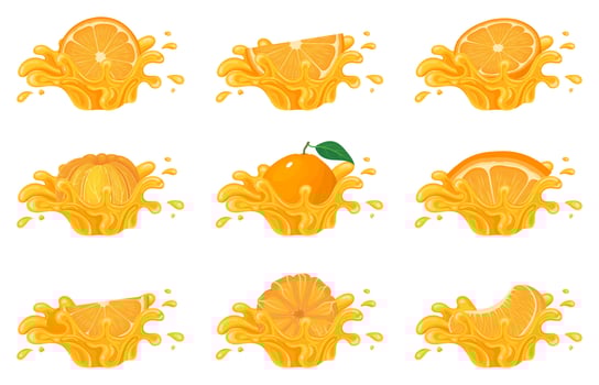 Set of fresh bright orange, mandarin or tagerine juice splash burst isolated on white background. Summer fruit juice. Cartoon style. Vector illustration for any design.
