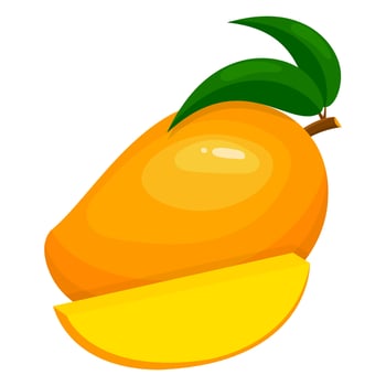Fresh bright exotic whole and sliced mango isolated on white background. Summer fruits for healthy lifestyle. Organic fruit. Cartoon style. Vector illustration for any design.