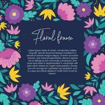 floral frame with abstract flowers and leaves on blue background. Good for templates, invitations, posters, prints, signs, cards, etc. EPS 10 vector