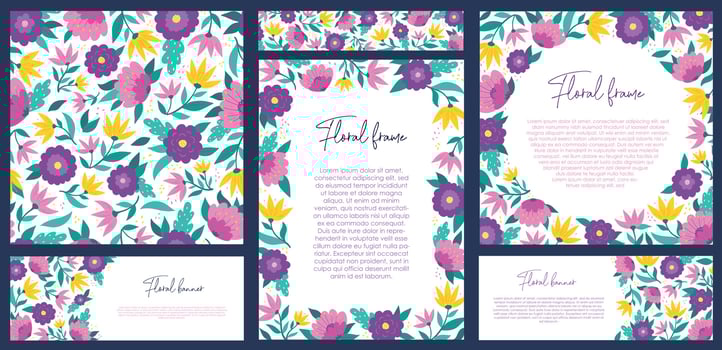 Set of floral invitations, banners, greeting cards, posters, patterns. Hand drawun abstract flowers and leaves on white background for holiday decor. EPS 10 vector
