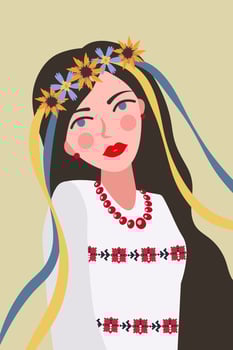 Ukrainian woman in a vyshyvanka and a flower wreath. Traditional handmade embroidery clothes. Cartoon vector Illustration.
