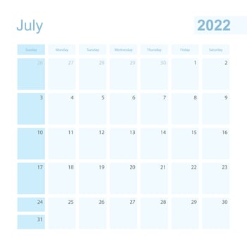 2022 July wall planner in blue color, week starts on Sunday. vector