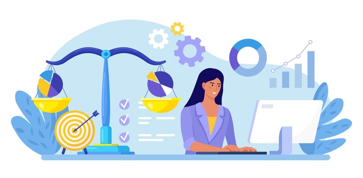 Benchmarking as business compare tool for improvement, progress. Woman analyse data, statistics. Scales with Charts, graphs. Comparison of quality and cost, performance to competitor companies vector