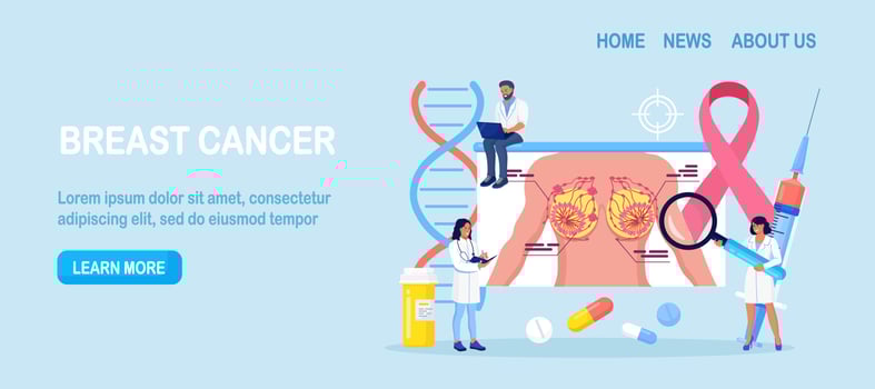 Breast cancer. Tiny doctors mammologist examine woman patient with magnifier to treat cancer. Breast ultrasound and mammography, diagnostic of oncology. Examination in the clinic, medical diagnosis vector