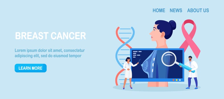 Breast cancer. Doctor Mammologist consult woman patient. Breast ultrasound and mammography, diagnostic of oncology. Examination in the clinic, medical diagnosis vector