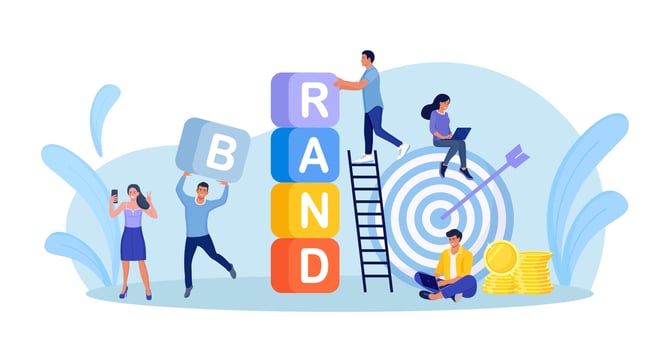 Brand Building. Businessmen Create Corporate Identity, Brand Communication. Business People Work Together and Build Tower of Colored Cubes. Marketing Promotional Campaign. Reputation management vector