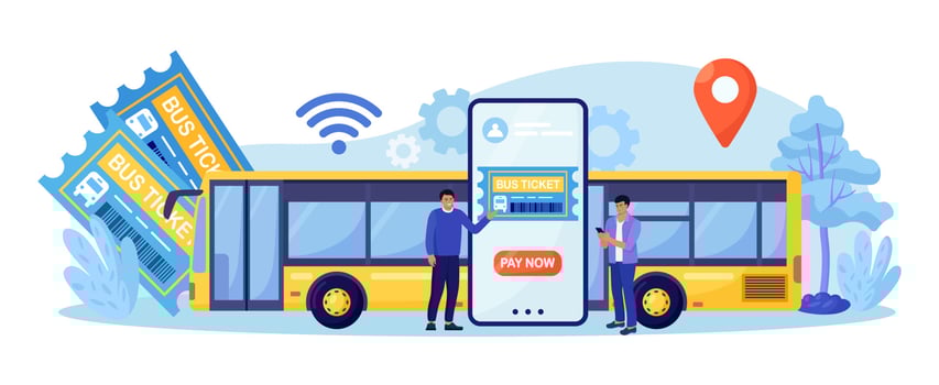 Internet service for book and buy bus ticket. Travel and tourism concept. Tourist planning trip online. Passengers buying tickets for bus in mobile app vector