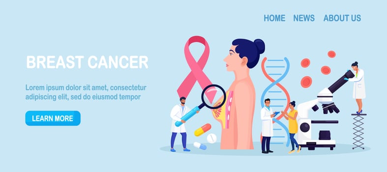 Breast cancer. Doctor Mammologist consult woman patient. Breast ultrasound and mammography, diagnostic of oncology. Examination in the clinic, medical diagnosis vector