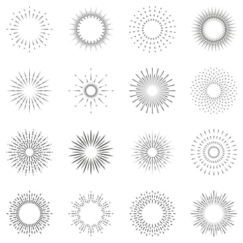 Firework Line Icon Set. Linear Pictogram. Circle Spark Sunburst Star Burst Shine Outline Icon. Starburst Light Explosion. Celebrate Happy Birthday, Merry Christmas Party. Isolated Vector Illustration