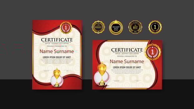 Baseball Certificate Design With Gold Cup Set Vector. baseball. Sports Award Template. Achievement Design. Graduation. Winner document. Winner's Cup vector