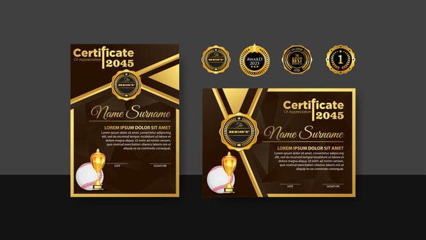 Baseball Certificate Design With Gold Cup Set Vector. baseball. Sports Award Template. Achievement Design. Graduation. Winner document. Winner's Cup vector