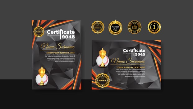 Baseball Certificate Design With Gold Cup Set Vector. baseball. Sports Award Template. Achievement Design. Graduation. Winner document. Winner's Cup vector