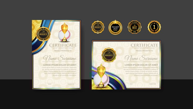 Baseball Certificate Design With Gold Cup Set Vector. baseball. Sports Award Template. Achievement Design. Graduation. Winner document. Winner's Cup vector