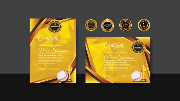 Baseball Certificate Design With Gold Cup Set Vector. baseball. Sports Award Template. Achievement Design. Graduation. Winner document. Winner's Cup vector