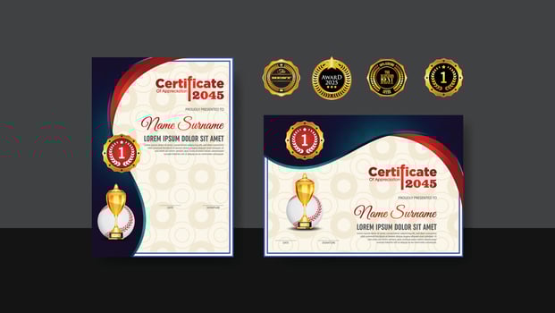 Baseball Certificate Design With Gold Cup Set Vector. baseball. Sports Award Template. Achievement Design. Graduation. Winner document. Winner's Cup vector