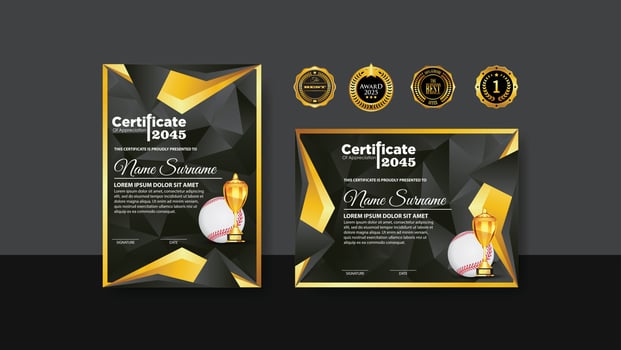 Baseball Certificate Design With Gold Cup Set Vector. baseball. Sports Award Template. Achievement Design. Graduation. Winner document. Winner's Cup vector