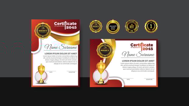 Baseball Certificate Design With Gold Cup Set Vector. baseball. Sports Award Template. Achievement Design. Graduation. Winner document. Winner's Cup. Illustration Templates vector