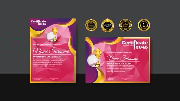 Baseball Certificate Design With Gold Cup Set Vector. baseball. Sports Award Template. Achievement Design. Graduation. Winner document. Winner's Cup vector