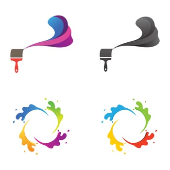 Abstract vector painting brush and colorful paint splash icon, emblem, logo design with color alternative and greyscale version. Editable EPS format design element, arts and crafts concept.