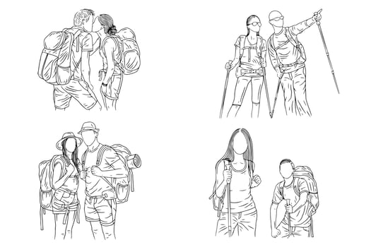 Set Bundle Couple Adventure Explore Trip Mountain Camping Romance Journey Sport Line Art Hand Drawn vector