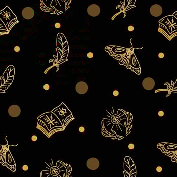 Set Seamless Pattern Mystical Celestial Simple Minimalism Tattoo Symbol With Gold Random Circle Object Space Doodle Esoteric Elements Vintage Illustration Dark Black. vector