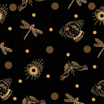 Set Seamless Pattern Mystical Celestial Simple Minimalism Tattoo Symbol With Gold Random Circle Object Space Doodle Esoteric Elements Vintage Illustration Dark Black. vector