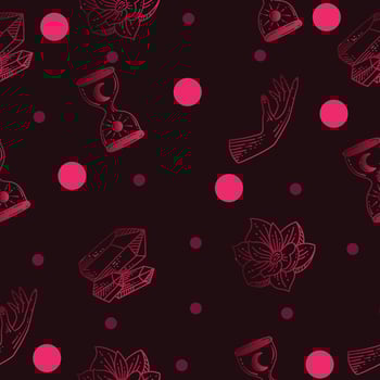 Set Seamless Pattern Pink Mystical Celestial Simple Minimalism Tattoo Symbol With Pink Circle Object Space Doodle Esoteric Elements Vintage Illustration Dark. vector