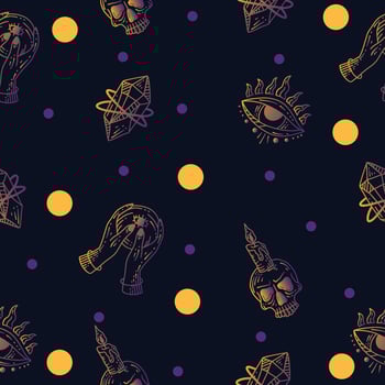 Set Seamless Pattern Gradient Yellow and Purple Mystical Celestial Simple Minimalism Tattoo Symbol With Yellow Circle Object Space Doodle Esoteric Elements Vintage Illustration Dark Purple. vector