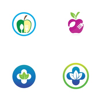 Health food logo, with leaves, spoon and fork. vector