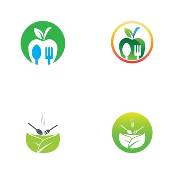 Health food logo, with leaves, spoon and fork. vector