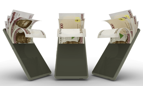 Nigerian naira notes inside a mobile phone. money coming out of mobile phone. 3d rendering of set of mobile money transaction concept. money from Phone png