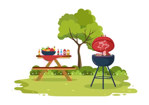 BBQ or Barbecue with Steaks on Grill, Toaster, Plates, Sausage, Chicken and Vegetables in Flat Background Cartoon Illustration vector
