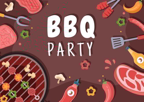 BBQ or Barbecue with Steaks on Grill, Toaster, Plates, Sausage, Chicken and Vegetables in Flat Background Cartoon Illustration vector