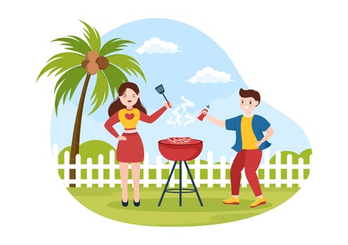 BBQ or Barbecue with Steaks on Grill, Plates, Sausage, Chicken, Vegetables and People on Picnic or Party in the Park in Flat Cartoon Illustration vector