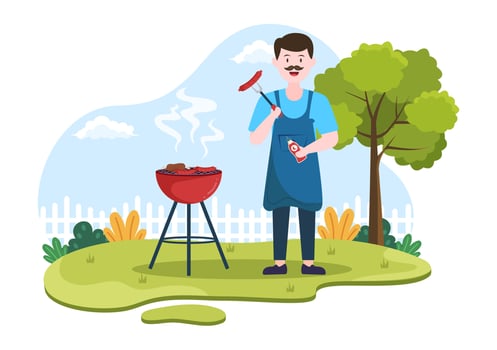 BBQ or Barbecue with Steaks on Grill, Plates, Sausage, Chicken, Vegetables and People on Picnic or Party in the Park in Flat Cartoon Illustration vector